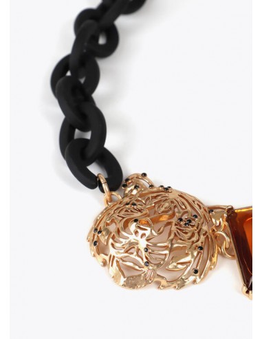 Collar Corto Lola Casademunt con Cadena Negra, Tigre Dorado y Cristal Ámbar