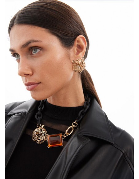 Collar Corto Lola Casademunt con Cadena Negra, Tigre Dorado y Cristal Ámbar