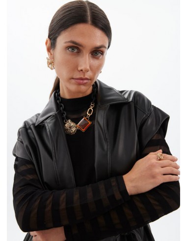 Collar Corto Lola Casademunt con Cadena Negra, Tigre Dorado y Cristal Ámbar