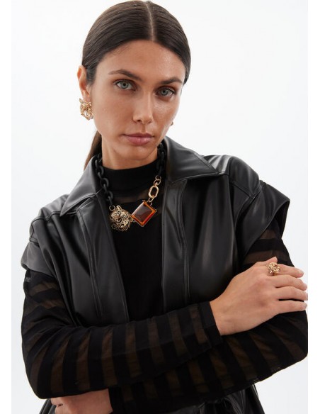 Collar Corto Lola Casademunt con Cadena Negra, Tigre Dorado y Cristal Ámbar