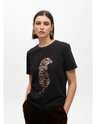 Camiseta negra con tigre bordado en pedrería - Lola Casademunt