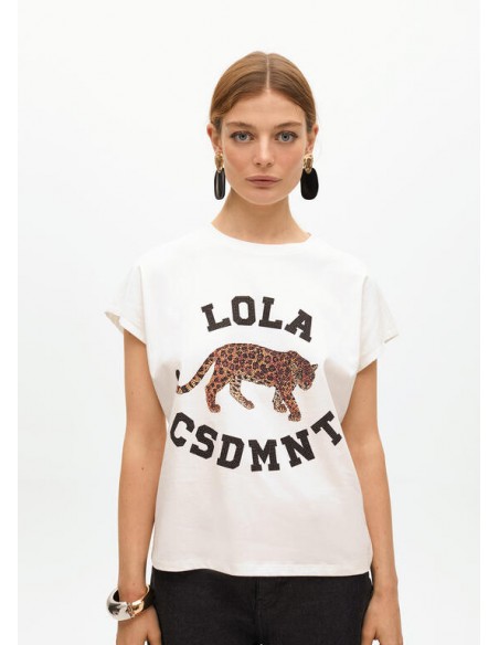 Camiseta blanca con tigre estampado y logo - Lola Casademunt