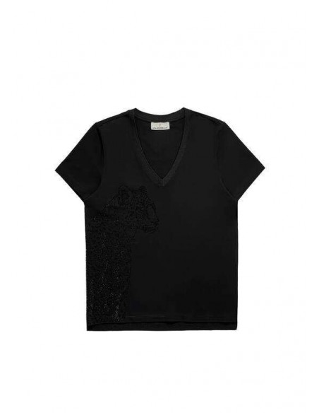 Camiseta negra de cuello pico con animal en strass para mujer - vista en plano