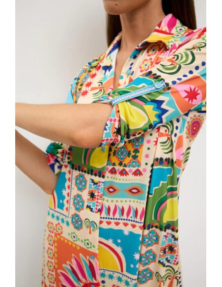 Vestido Begoña Estampado Multicolor – Tinta y Bariloche - detalle del estampado y la manga