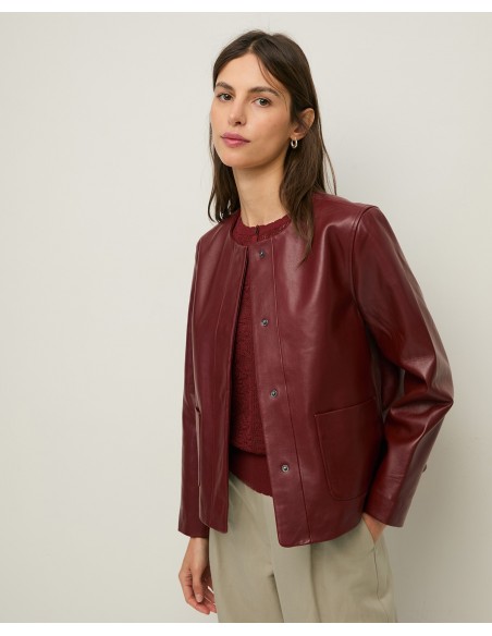 Chaqueta de Piel Napa con Bolsillos Plastrón – Yerse - color burdeos