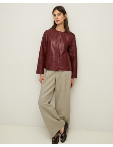 Chaqueta de Piel Napa con Bolsillos Plastrón – Yerse - color burdeos