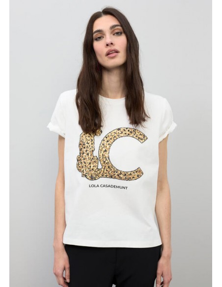 Camiseta blanca con logo LC de lentejuelas - Lola Casademunt