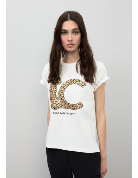 Camiseta blanca con logo LC de lentejuelas - Lola Casademunt