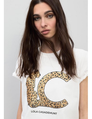 Camiseta blanca con logo LC de lentejuelas - Lola Casademunt