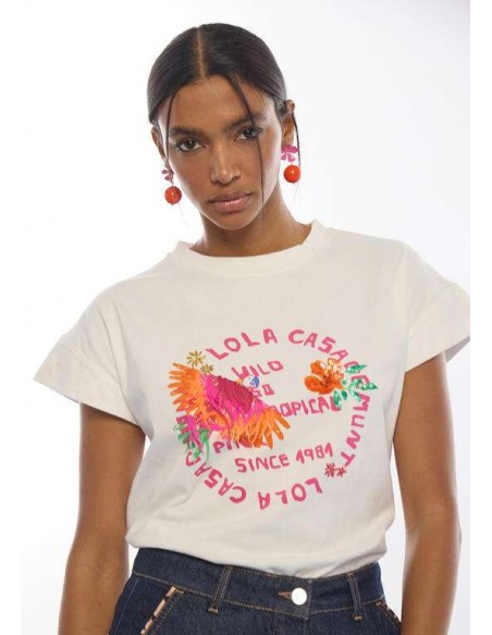 Camiseta blanca de algodón con loro multicolor y plumas LOLA CASADEMUNT