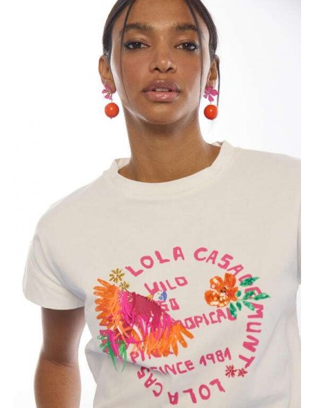 Camiseta blanca de algodón con loro multicolor y plumas LOLA CASADEMUNT