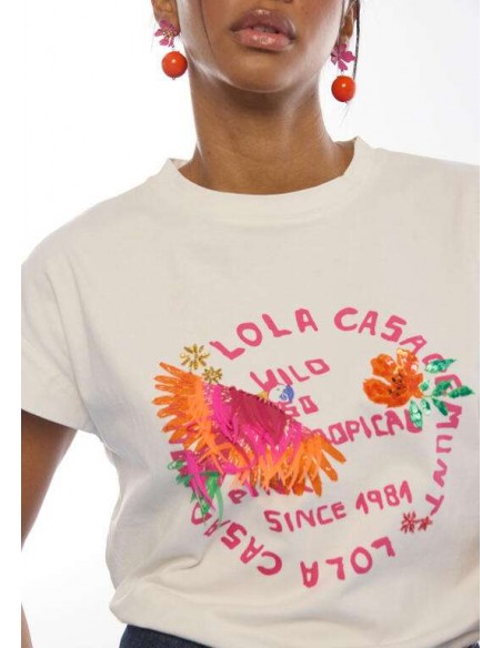 Camiseta blanca de algodón con loro multicolor y plumas LOLA CASADEMUNT