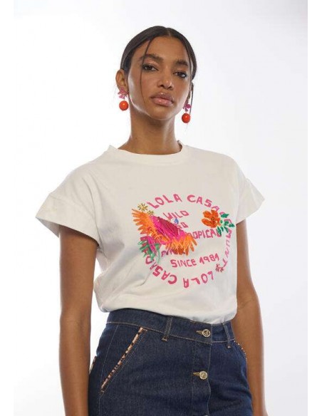 Camiseta blanca de algodón con loro multicolor y plumas LOLA CASADEMUNT
