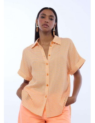 Camisa de manga corta con rayas en crudo y naranja para mujer