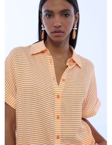 Camisa de manga corta con rayas en crudo y naranja para mujer