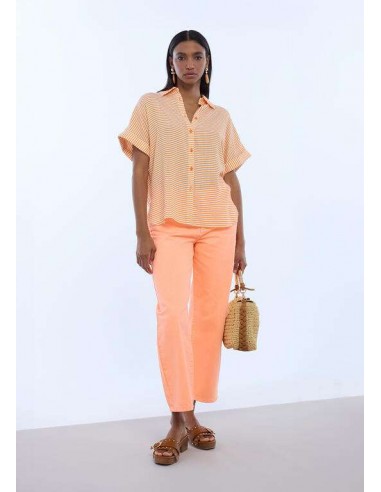 Camisa de manga corta con rayas en crudo y naranja para mujer