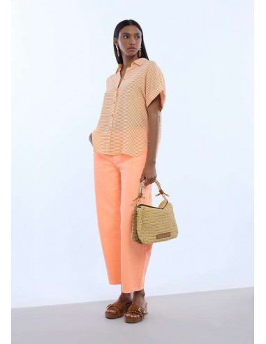 Camisa de manga corta con rayas en crudo y naranja para mujer