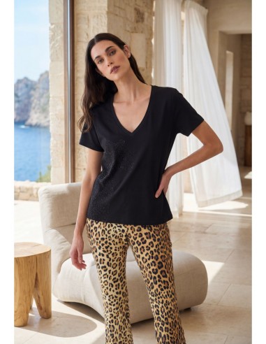 Camiseta negra de cuello pico con animal en strass para mujer