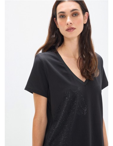 Camiseta negra de cuello pico con animal en strass para mujer