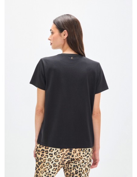 Camiseta negra de cuello pico con animal en strass para mujer - vista posterior